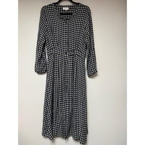 Böhme Plaid Midi Dress Womens Large Black White Excellent Button Front Rayon